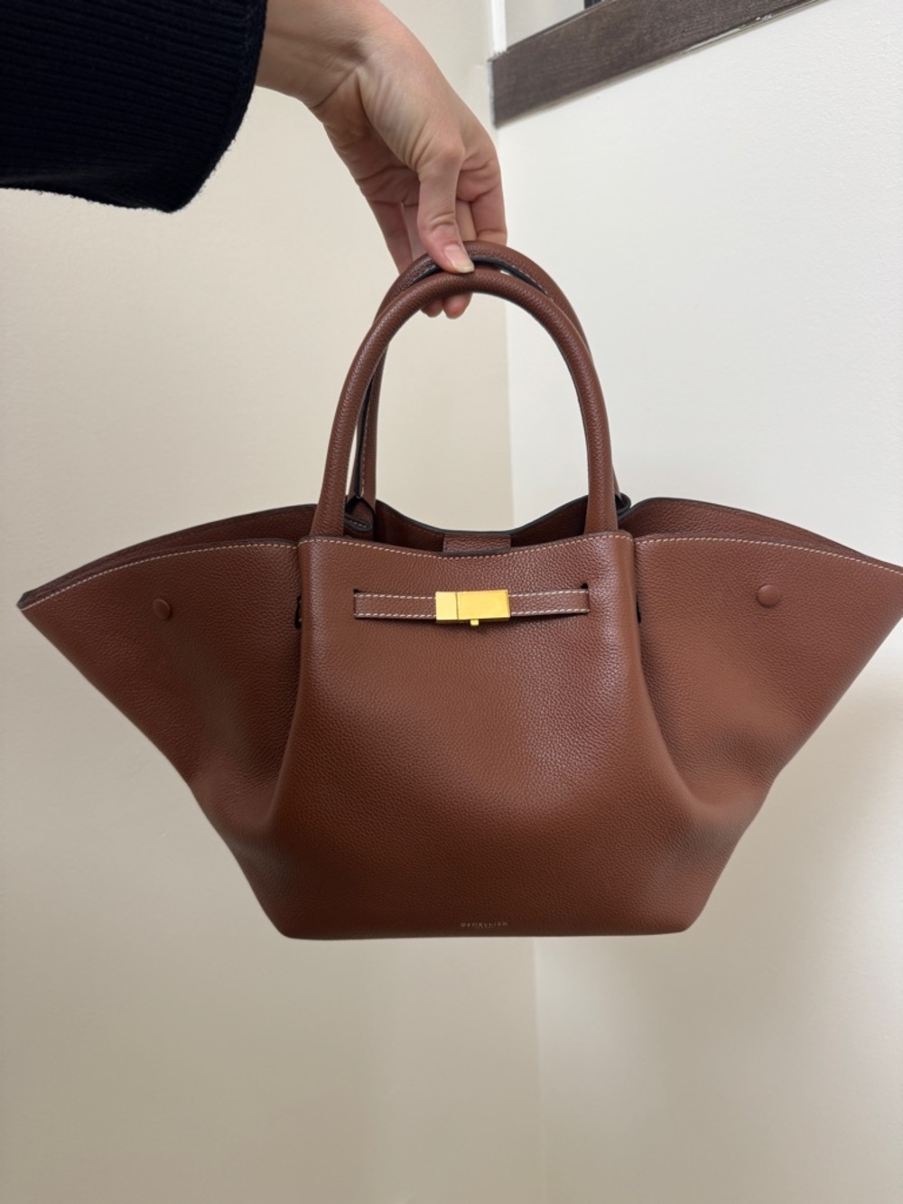 DeMellier Brown Pebbled Leather Top-Handle Tote with Gold Hardware